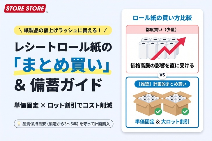 【2026年値上げ対策】レシートロール紙はまとめ買いすべき？失敗しない適正ロットと備蓄ガイド