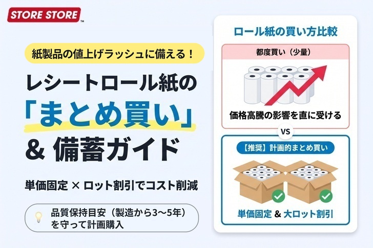 【2026年値上げ対策】レシートロール紙はまとめ買いすべき？失敗しない適正ロットと備蓄ガイド
